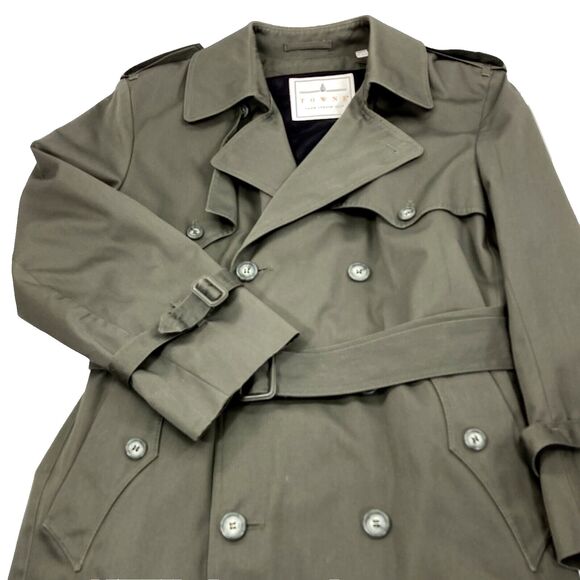 Towne London Fog OverCoat Trench Lined Double Breast Khaki Green 38 40 S - Picture 2 of 14